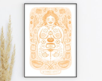 Kitchen Witch Art Print A4 Size - Plus size Cottagecore Goddess in shades of orange.