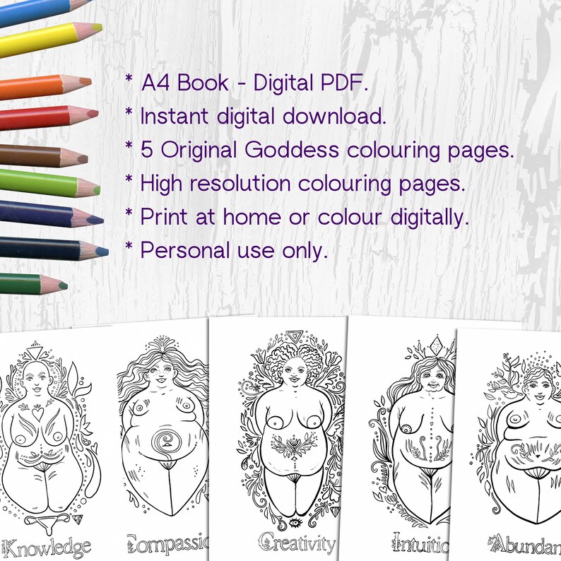 Goddess Colouring Book 5 body positive colouring pages Digital Download Printable Mindful Adult Coloring image 5