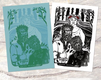 May include: A blue and green woodcut print of a woman with a crown of holly and two men with crowns of leaves. The woman is standing behind the men, with her arms around their shoulders. The print is titled "Winter Solstice - Yule".
