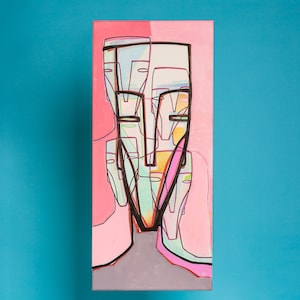 Pink Sign Of Hope - Geometric Faces Handmade Modern Art Original Artwork Abstract Faces Acrylic Painting On Canvas