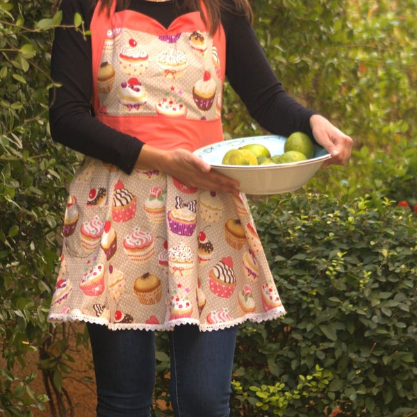 Beige And Pink Cute Apron with Cupcakes || Apron For Women with Ruffles and Pocket || Girls Half Apron || Gift for her || Mom Presents