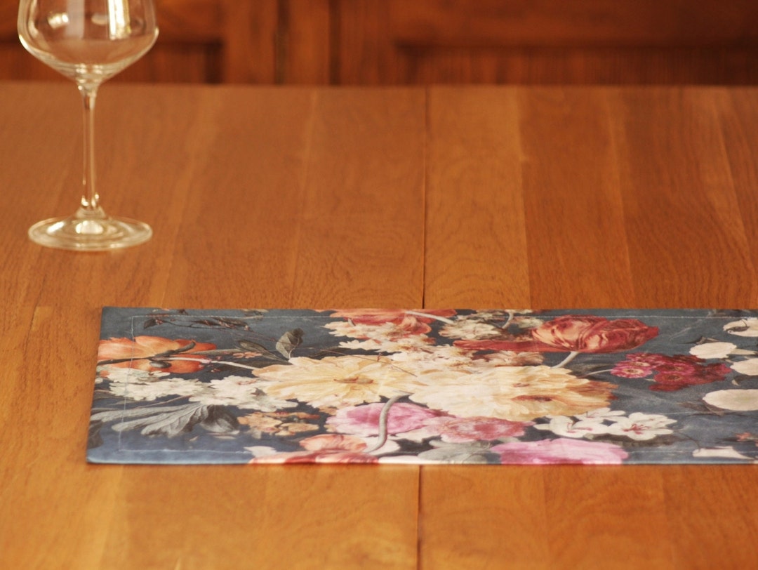 Blue Placemats Set of 4 Floral Placemats With Tulips & White Flowers