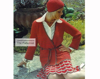 1930s-Inspired Women's Cardigan Chevron Skirt and Hat Set Vintage Knitting Pattern PDF Download Bust 32 to 38" SKU 4-16