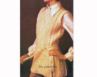 Vintage Knitting Pattern Aran Tunic Women's Fisherman Vest with Belt PDF Download Bust 34 to 42" Worsted or Aran Weight 10 Ply Yarn SKU 46-9