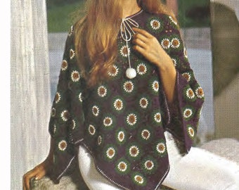 Granny Square Poncho Crochet Pattern Boho Vintage 70s 34 to 36" Bust Multicolor Stashbuster PDF Instant Digital Download 30-12