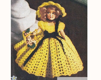 Dress for 7 Inch Doll Vintage Crochet Pattern - Doll Clothing Pattern - Doll Dress and Bonnet PDF Download SKU 116-1