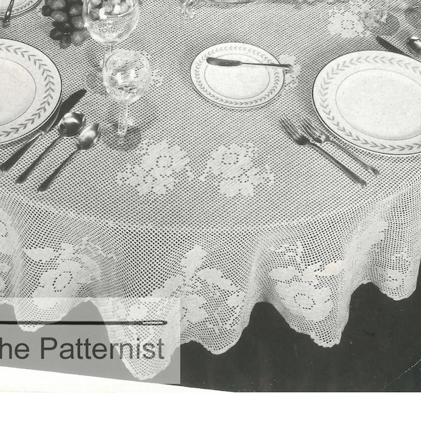 Circular Tablecloth Crochet Pattern - Vintage Crochet Pattern PDF for Filet Crochet Tablecloth w Flowers Motif - Diameter 72" - SKU 137-4