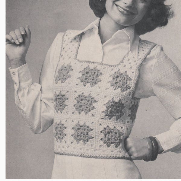 Women's Boho Granny Square Vest Crochet Pattern Vintage 70s Shrink Hippie Bust 30 to 36" PDF Instant Digital Download SKU 20-6