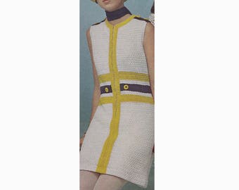Crochet Pattern Vintage Mod Dress Zip Front Stripes Color Bands Sheath Skimmer PDF Instant Digital Download Bust 32.5 to 38" 24-4