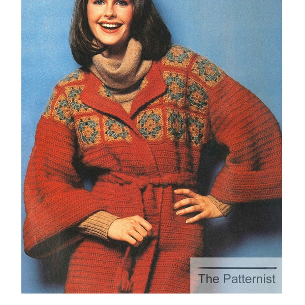 Granny Square Kimono Coat Crochet Pattern - Boho Cardigan Sweater Jacket - Vintage 70s PDF Download B32 B34 B36 B38 B40 B42 - SKU 151-1