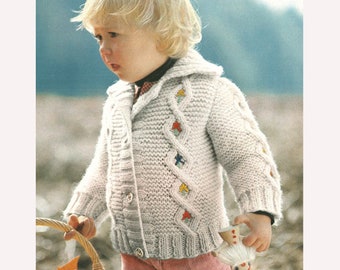 Toddler Cardigan Pattern - Vintage Knitting Pattern for Boy or Girl Cable Sweater w Flower Embroidery - Children's Knitting PDF SKU 130-4