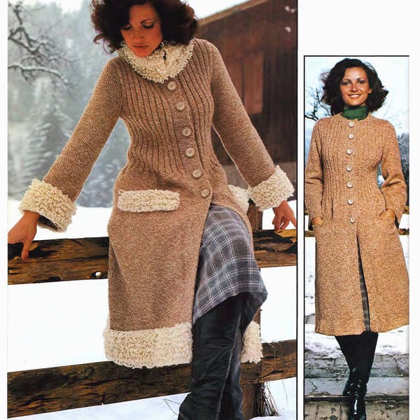 Knitting Pattern Women's Long Coat Optional Boucle Loop Stitch Trim Collar and Cuffs Ladies Vintage 70s Bust 32" PDF Download SKU 27-9