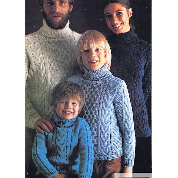 Aran Turtleneck Sweaters Vintage Knitting Pattern Fisherman Pullover Men Women Child Girl Boy Teen Tween Family PDF Download SKU 74-1