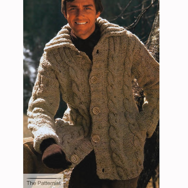 Men's Cable Cardigan Knitting Pattern Vintage 70s Bulky Yarn Man's Chest 38 41 44" Sweater PDF Digital Download SKU 27-7