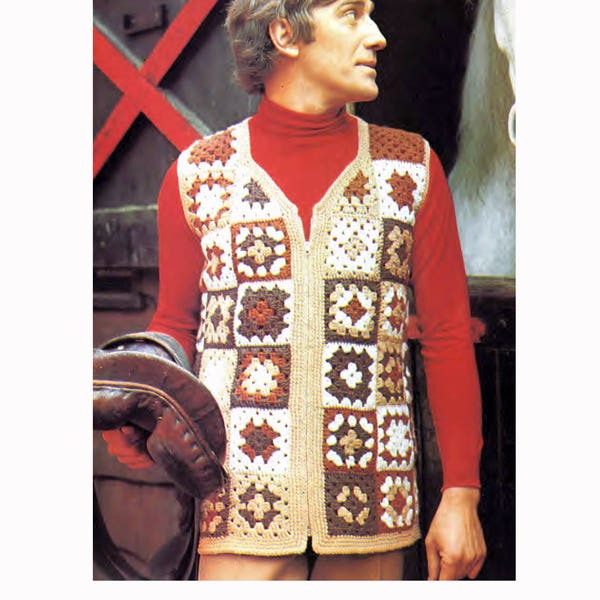 Men's Crochet Pattern Boho Granny Square Vest Vintage Hippie Waistcoat Chest 36 to 42" PDF Instant Download SKU 74-5