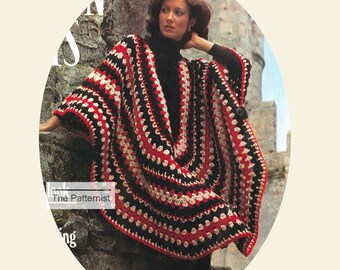 Vintage Crochet Pattern for 1970s Boho Poncho Cape PDF Download SKU 56-1