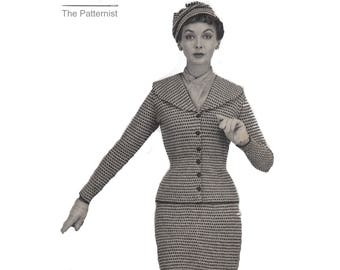 50s Suit Vintage Knitting Pattern Jacket Nipped Waist Pencil Skirt Hat PDF Digital Download Bust 32 34 36" Waist 27 28 30" SKU 21-1