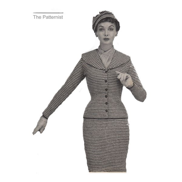 50s Suit Vintage Knitting Pattern Jacket Nipped Waist Pencil Skirt Hat PDF Digital Download Bust 32 34 36" Waist 27 28 30" SKU 21-1