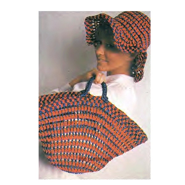 Tote Bag and Sunhat Vintage Crochet Pattern Women's Boho Hat 70s Handbag Make with Rafia Thread PDF Instant Download SKU 46-5