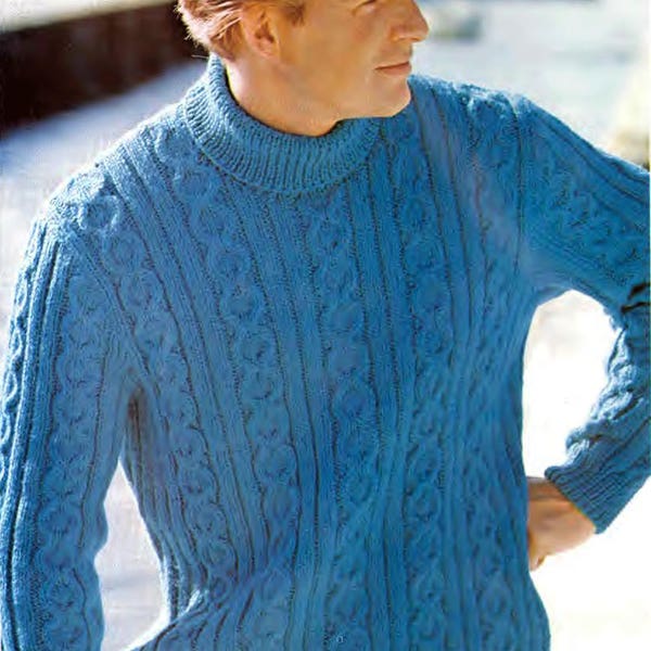 Vintage Knitting Pattern for Men's Cable Turtleneck Sweater Pullover 70s Man's Chest 38 to 46" Sweater PDF Digital Download SKU 53-16