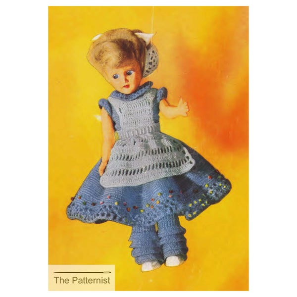 Vintage Crochet Pattern Doll Clothes 7/8" Doll and 10" Doll Clothing Alice Dress Pantalettes Apron and Snood 1950s PDF Download SKU 59-1