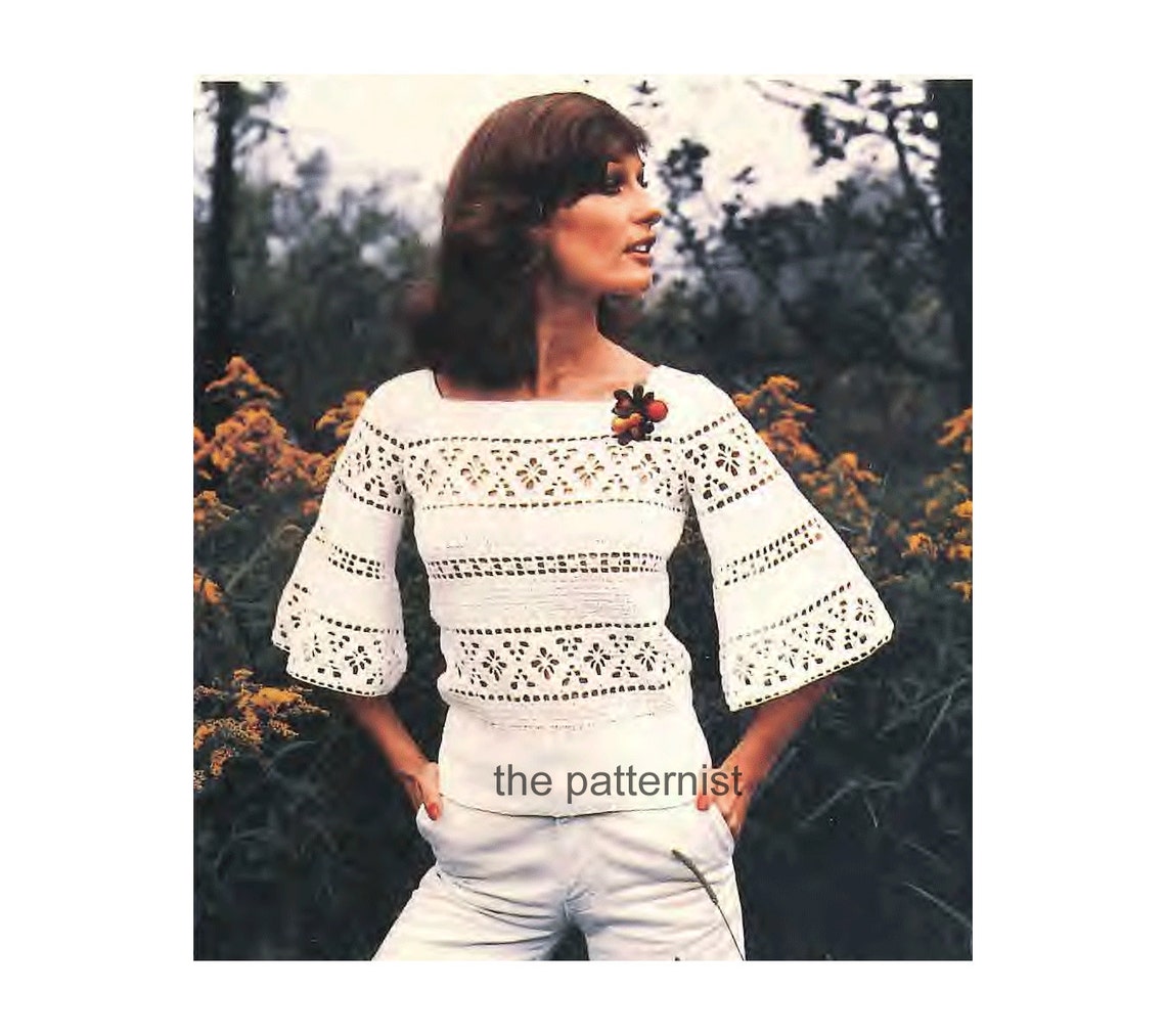 Vintage Crochet Pattern Bell-Sleeve Blouse Top Summer Sweater | Etsy