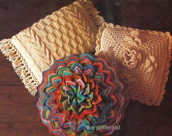 Three Pillows Vintage Knitting Pattern and Crochet Pattern Aran Irish Rose and Zinnia Cushions PDF Instant Download SKU 45-10