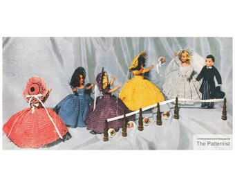 Vintage Crochet Pattern Doll Clothes 7/8" Doll Wedding Party Bride Groom Bridesmaids Dresses Hats Panties 1950s PDF Download SKU 59-5