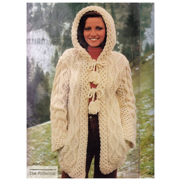 Knitting Pattern Hooded Coat Aran Styling Super Bulky Yarn Jacket Cardigan Sweater Hood Vintage 70s Bust 32" PDF Digital Download SKU 27-1