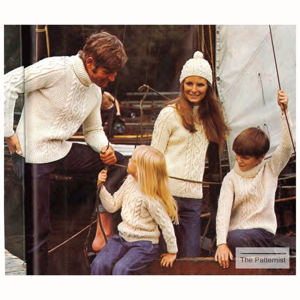 Vintage Knitting Pattern Aran Turtleneck Sweaters Fisherman Pullover Men Women Child Girl Boy Teen Tween Hat Toque Family PDF Download 53-5