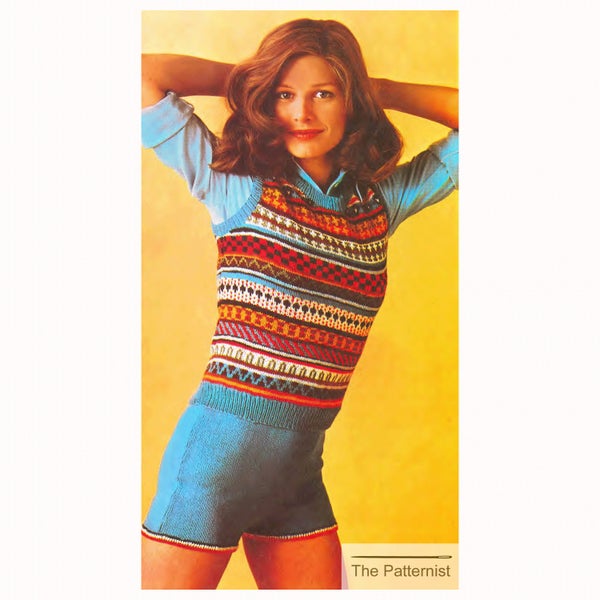 Fair Isle Vest and Shorts Vintage Knitting Pattern 1970s Sleeveless Sweater Set Bust 34 Stashbuster PDF Digital Download SKU 30-4