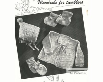 Vintage Crochet Pattern for Baby Set Bonnet Cardigan Jacket Mittens and Booties 1950s Infant Newborn PDF Download SKU 58-3