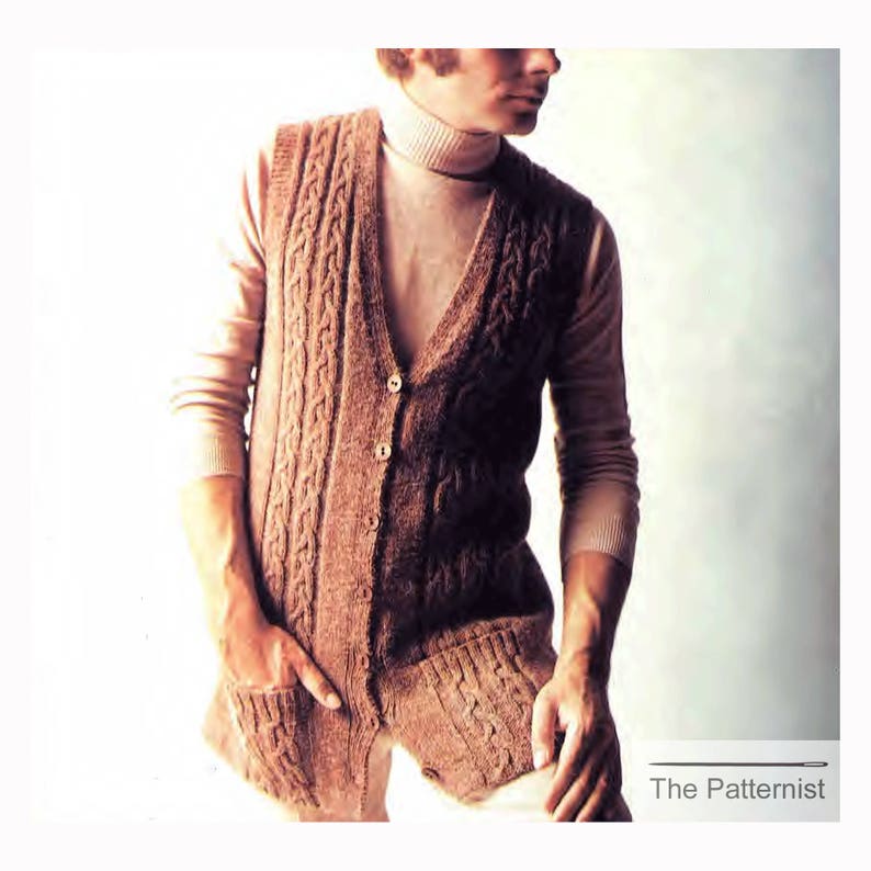 Men's Knitting Pattern for Aran Vest Sleeveless Cardigan Etsy