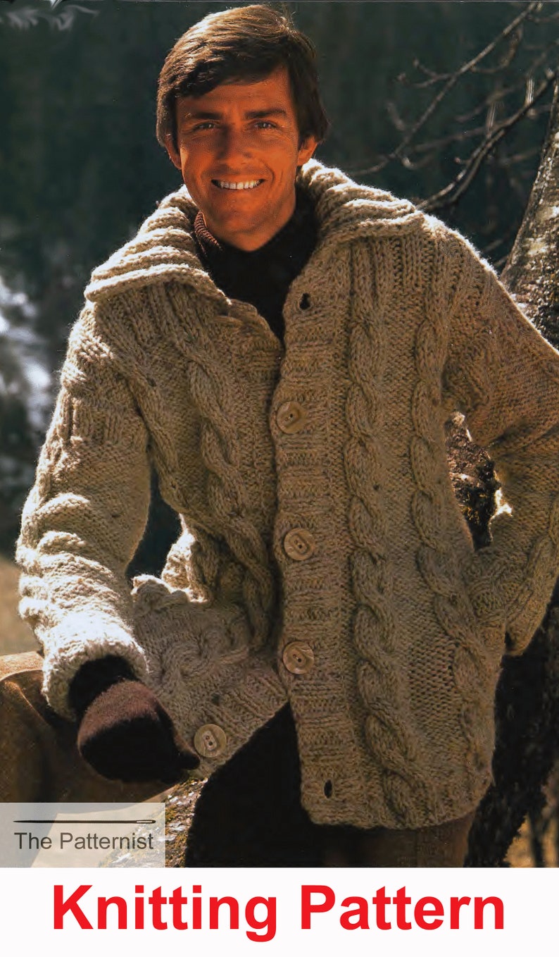 Men's Cable Cardigan Knitting Pattern Vintage 70s Bulky Etsy