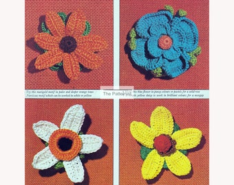 Vintage Crochet Pattern for Four Flowers - Floral Crochet Pattern for Rose, Brown Eyed Susan, Daisies - PDF Download SKU 99-2