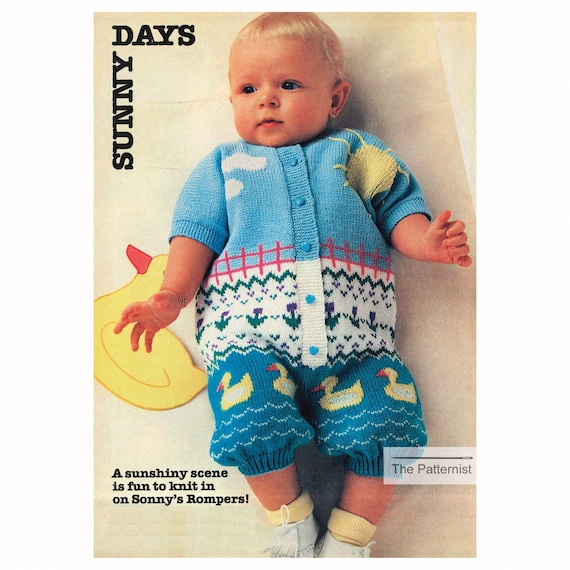 Vintage Baby Knitting Pattern Romper Playsuit Onesie With Duck And Sunshine Motif Fair Isle Intarsia 70s Pdf Instant Download Sku 6 18