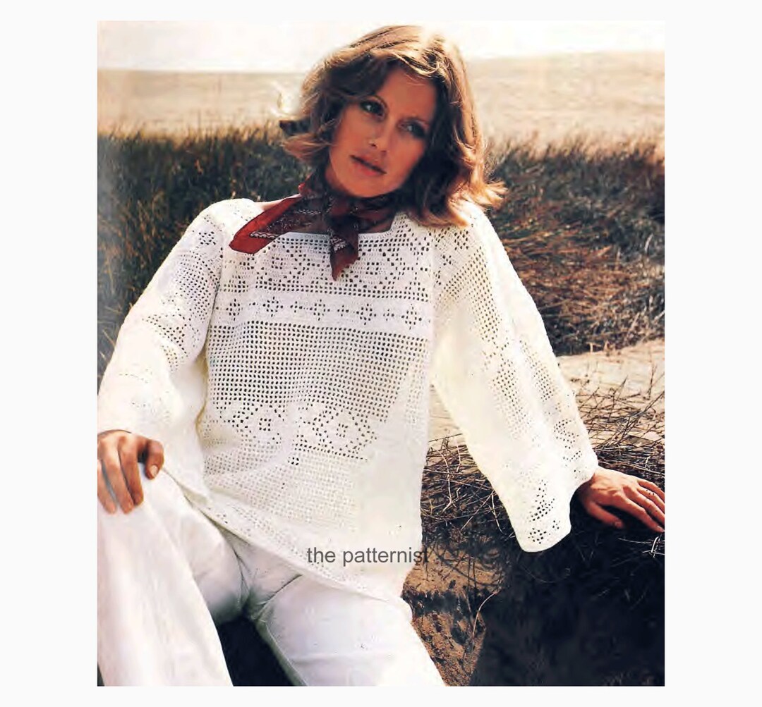 Vintage Blouse Filet Crochet Pattern Summer Smock Top Long Sleeve ...