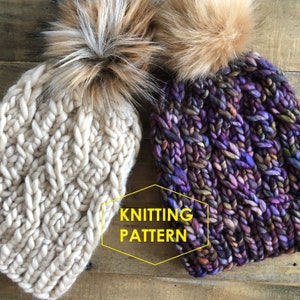 May include: Two knitted hats with faux fur pom poms. One hat is white with a cable knit pattern and the other is a multi-colored purple and blue knit. The text "Knitting Pattern" is in a yellow hexagon.