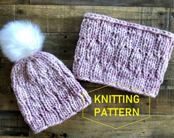 Digital Knit Pattern, matching beanie and cowl pattern, super bulky, instant download, knit cowl, knit hat, PDF download
