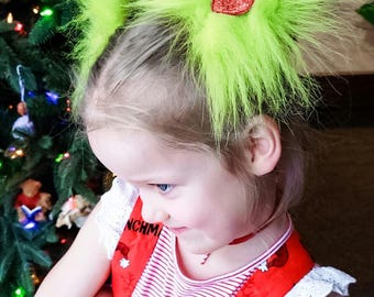 Grinch Faux Fur Hair Bow ~ You Pick Style ~ Headbands or Clips ~ Winter Accessories ~ Girls Hair ~