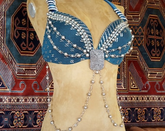 Assuit, CUSTOM ORDER Assiut,  antique, Teal Bra or belt Belly Dance , tribal fusion, tribaret, Pro Grade