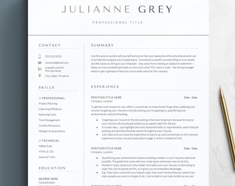 Modern Resume Template for Google Docs, Word and Mac Pages, 1-5 Page Resume & Cover Letter Templates, CV Template, Minimalist Resume