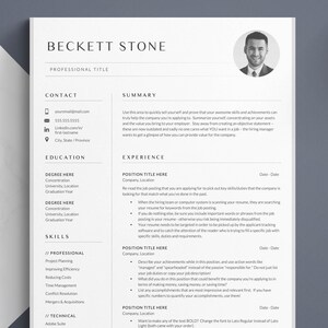 May include: A black and white resume template with a professional headshot of a man. The resume includes sections for contact information, education, experience, and skills. The text on the resume is in a simple, clean font.