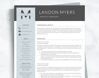 Blue Grey Resume Template with initials for Word & Pages | 1-3 Page Resumes, Cover Letter, Executive Resume, Finance Resume, Professional CV