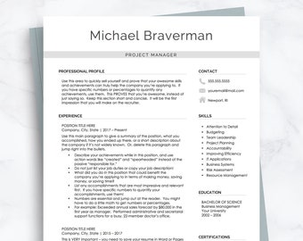 Project Manager Resume Template, Modern Resume Design | Professional Resume Template for Word and Pages | Minimalist Resume Template for Mac