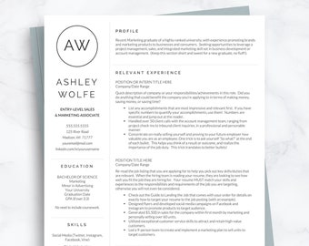 New Grad Resume, College Grad Resume Template with initials for Word & Pages, 1 + 2 Page Resumes for Grad Student, One Page Resume Template