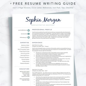 May include: A resume template with a professional profile, expertise, and education sections. The resume is for Sophia Morgan, an administrative assistant.
