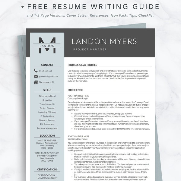 Blue Grey Resume Template with initials for Word & Pages | 1-3 Page Resumes, Cover Letter, Executive Resume, Finance Resume, Professional CV