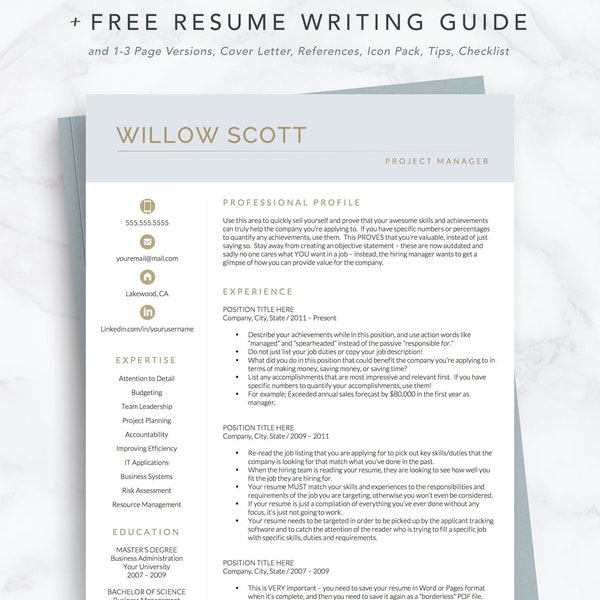 Modern Resume Template for Word & Pages: Includes 1, 2 and 3 page versions, Cover Letter, References, Resume Writing Guide, Instant Download