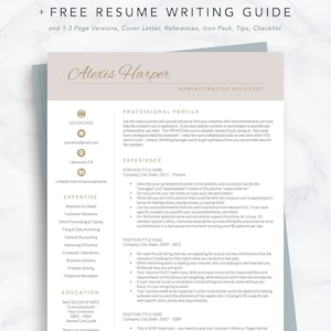 May include: A resume template with a gold accent and the text "FREE RESUME WRITING GUIDE" at the top. The resume is for Alexis Harper, an Administrative Assistant. The resume includes sections for Professional Profile, Experience, Expertise, Education, and Get Tips. Get a Template. Get Landed.